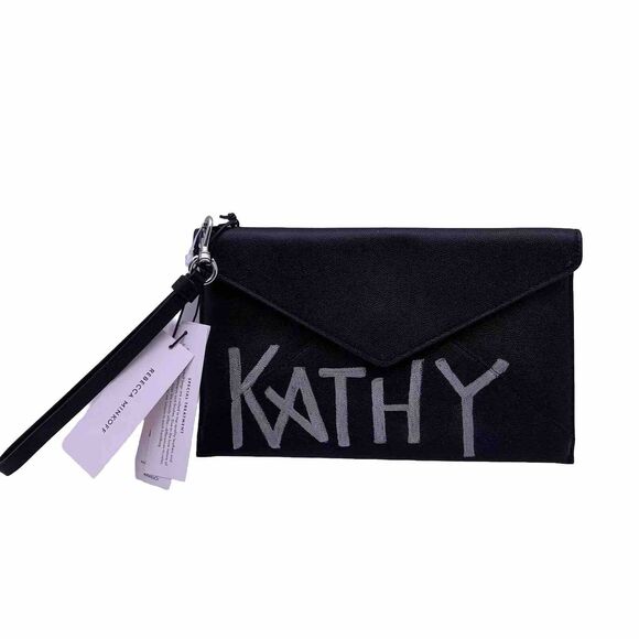 REBECCA MINKOFF Leo Black Leather Envelope Wristlet Purse Clutch “Kathy” NWT - Picture 1 of 11